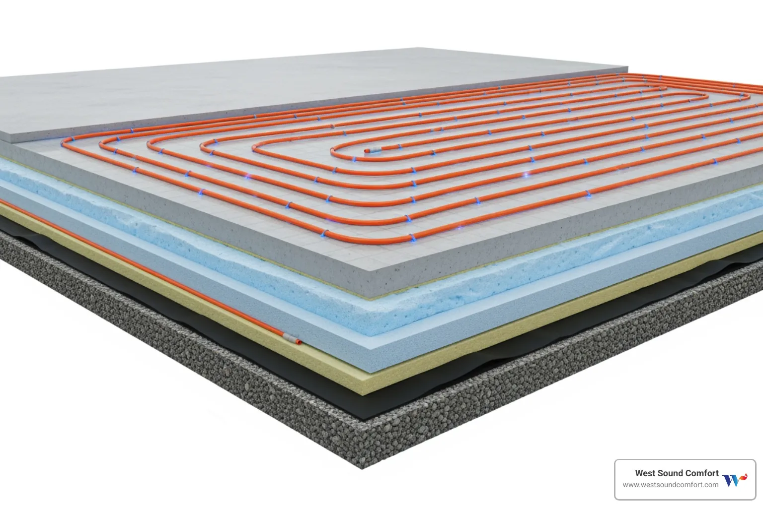 Infographic showing cross-section of concrete slab with embedded PEX tubing, insulation layers below, and heat radiating upward through flooring, with labels for vapor barrier, rigid foam insulation, rebar, PEX tubing, concrete slab, and finished floor - hydronic radiant floor heating in concrete slab
