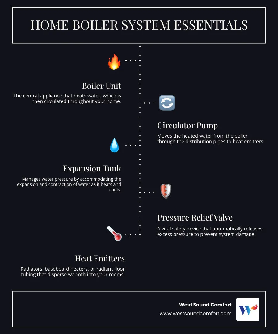Infographic showing the main components of a home boiler system including the boiler unit, circulator pump, expansion tank, pressure relief valve, zone valves, and distribution pipes leading to radiators or radiant floor tubing, with labels indicating how hot water flows through the system to provide heat - boiler repair port orchard