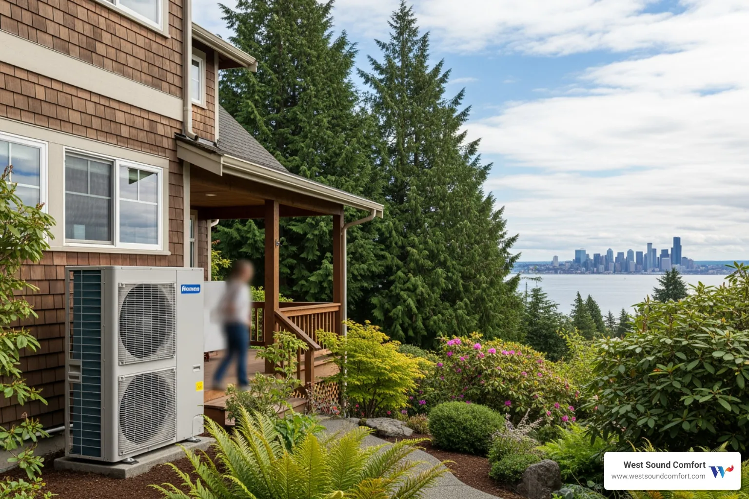 infographic showing heat pump operation cycle with outdoor unit extracting heat from air and transferring it indoors during winter, reversing the process in summer, plus key benefits like 50% energy savings and dual heating and cooling functionality - reliable heat pump company in bainbridge island, wa