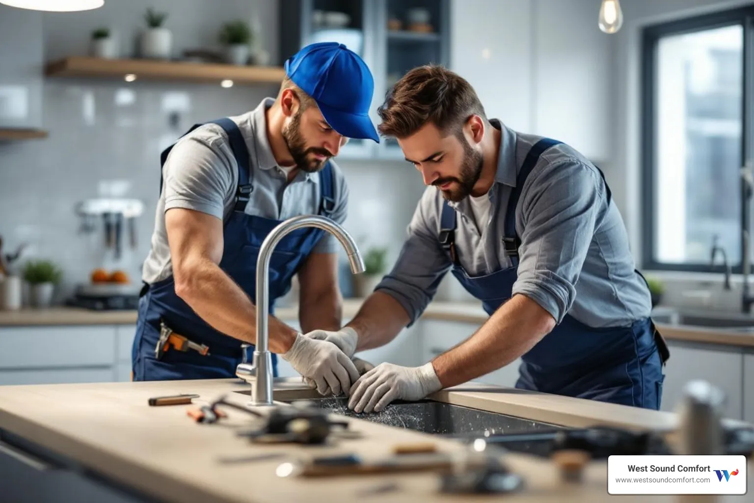 professional plumber working on kitchen sink - bainbridge island plumbers