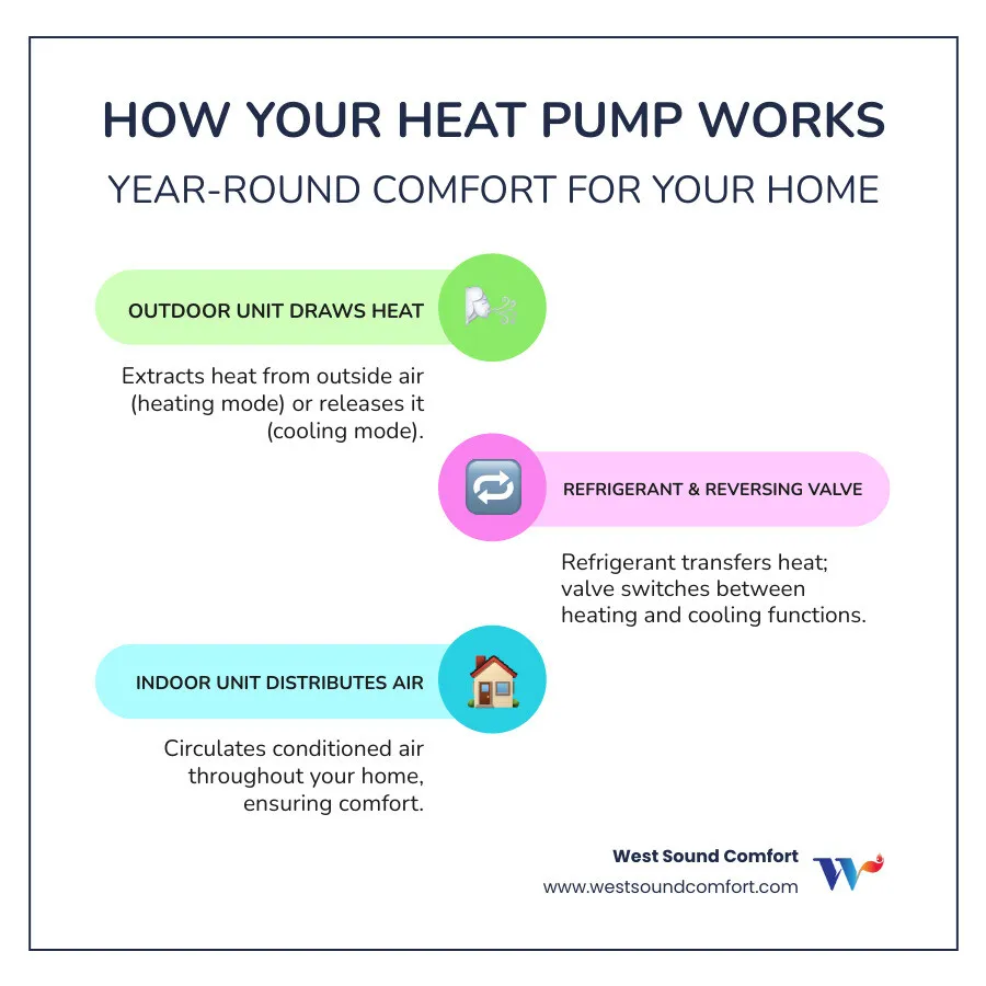 Infographic showing how a heat pump works: outdoor unit extracts heat from air, reversing valve switches between heating and cooling modes, indoor unit distributes conditioned air, and the system provides year-round comfort for Sequim homes - emergency heat pump repair in sequim, wa infographic infographic-line-3-steps-colors