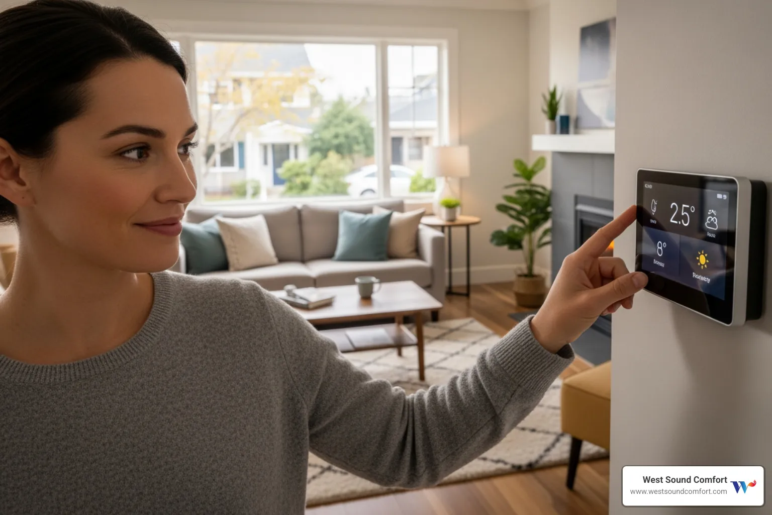 A homeowner thoughtfully checking the settings on their smart thermostat, with a view of a cozy living room in the background - emergency heat pump repair in sequim, wa