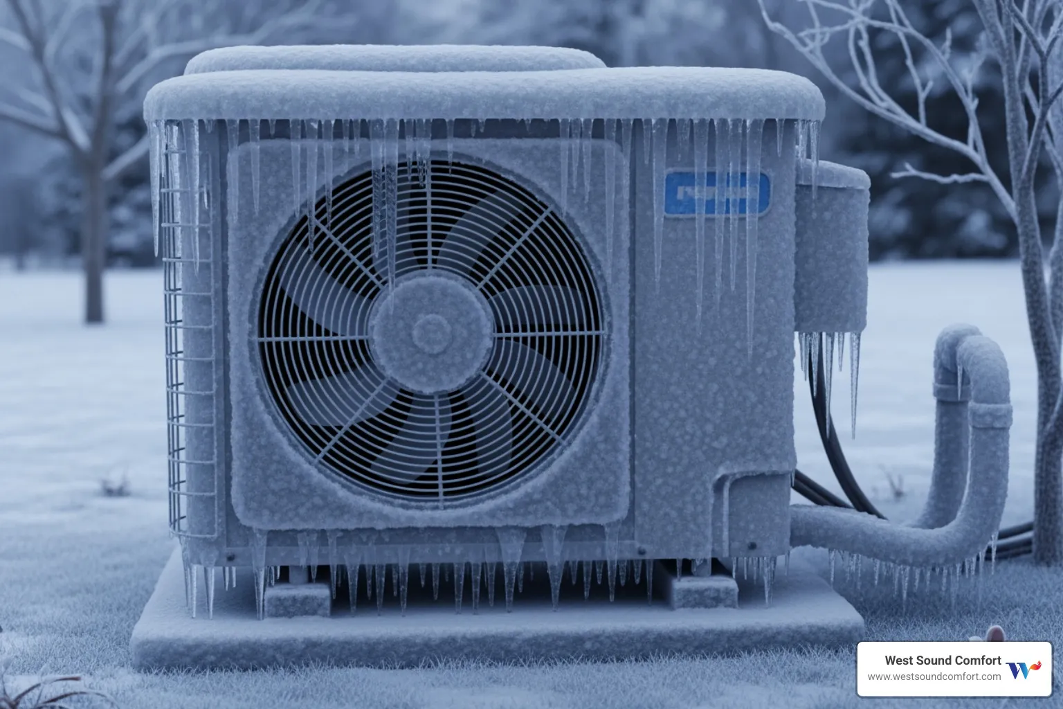 A frozen outdoor heat pump unit covered in thick ice, indicating a serious malfunction - emergency heat pump repair in sequim, wa
