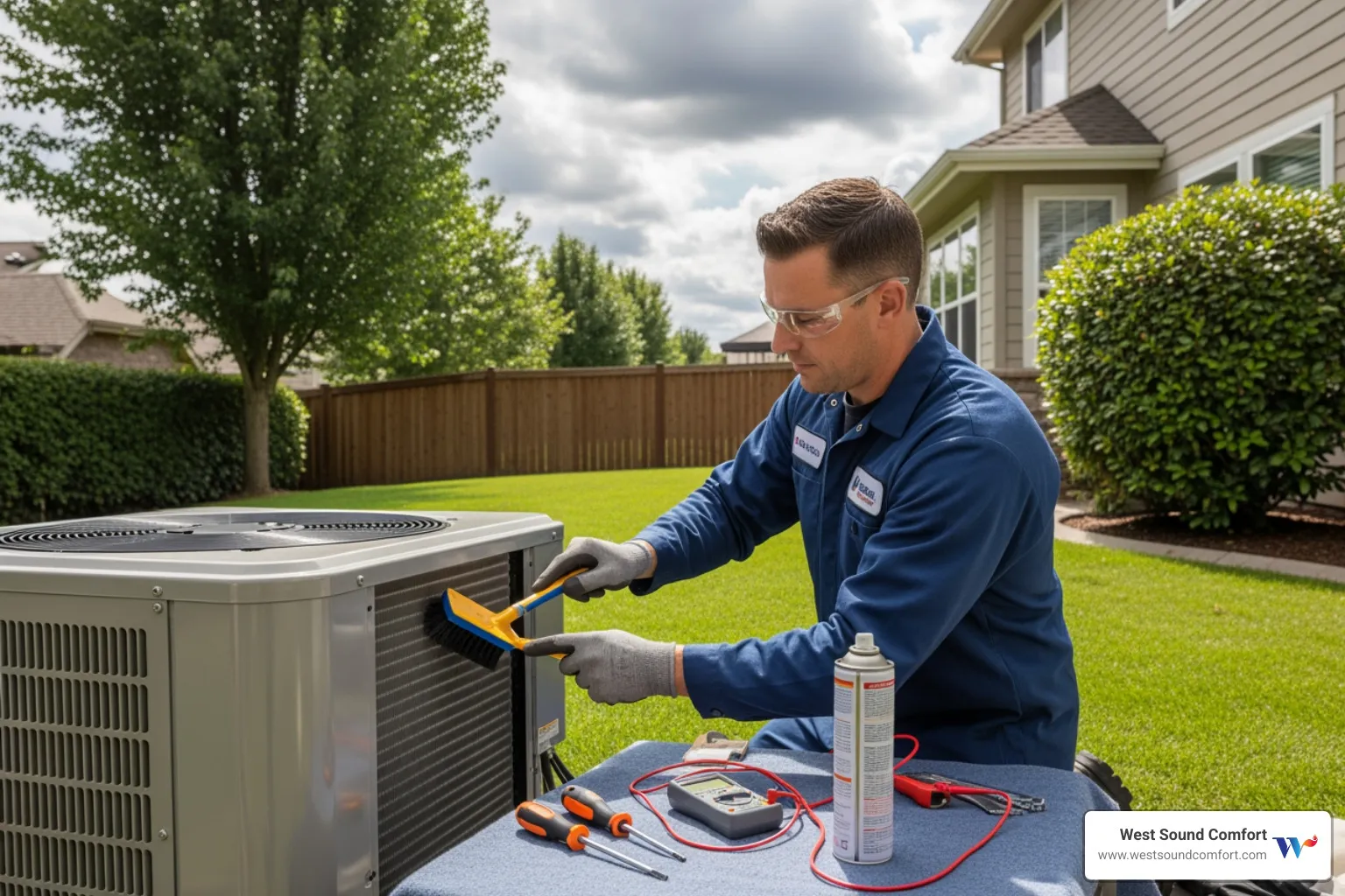 A skilled technician meticulously performing routine maintenance on the outdoor unit of a heat pump, ensuring all components are clean and functional - emergency heat pump repair in sequim, wa