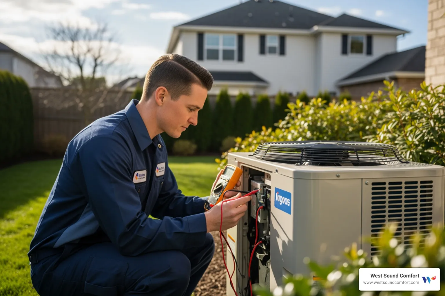 professional technician inspecting outdoor heat pump unit - hvac repair in sequim, wa