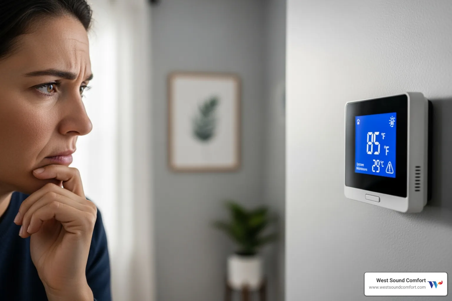concerned homeowner looking at thermostat - hvac repair in sequim, wa