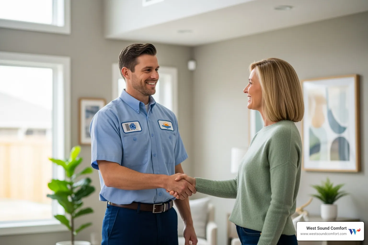 friendly technician shaking a homeowner's hand - hvac repair in rocky point, wa