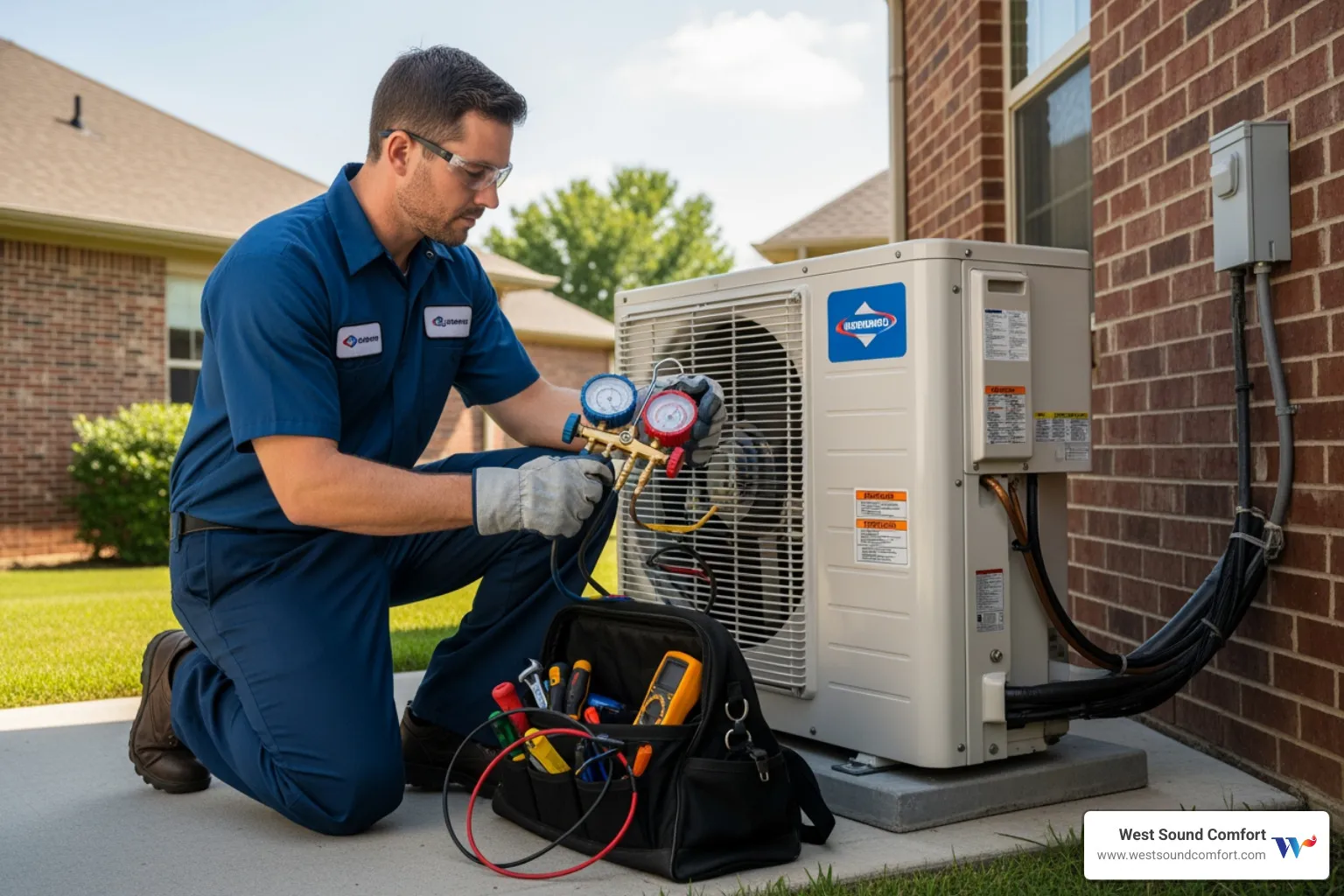 technician servicing an outdoor AC unit - hvac repair in rocky point, wa