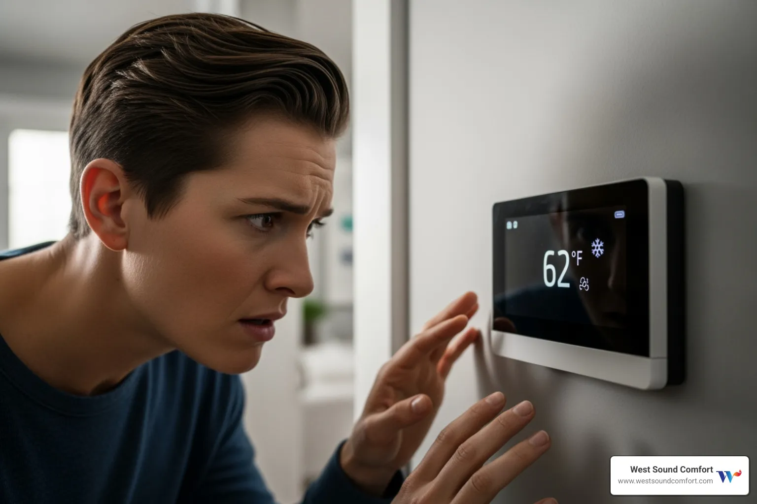 A homeowner looking at their thermostat with a concerned expression - hvac short cycling in gig harbor, wa