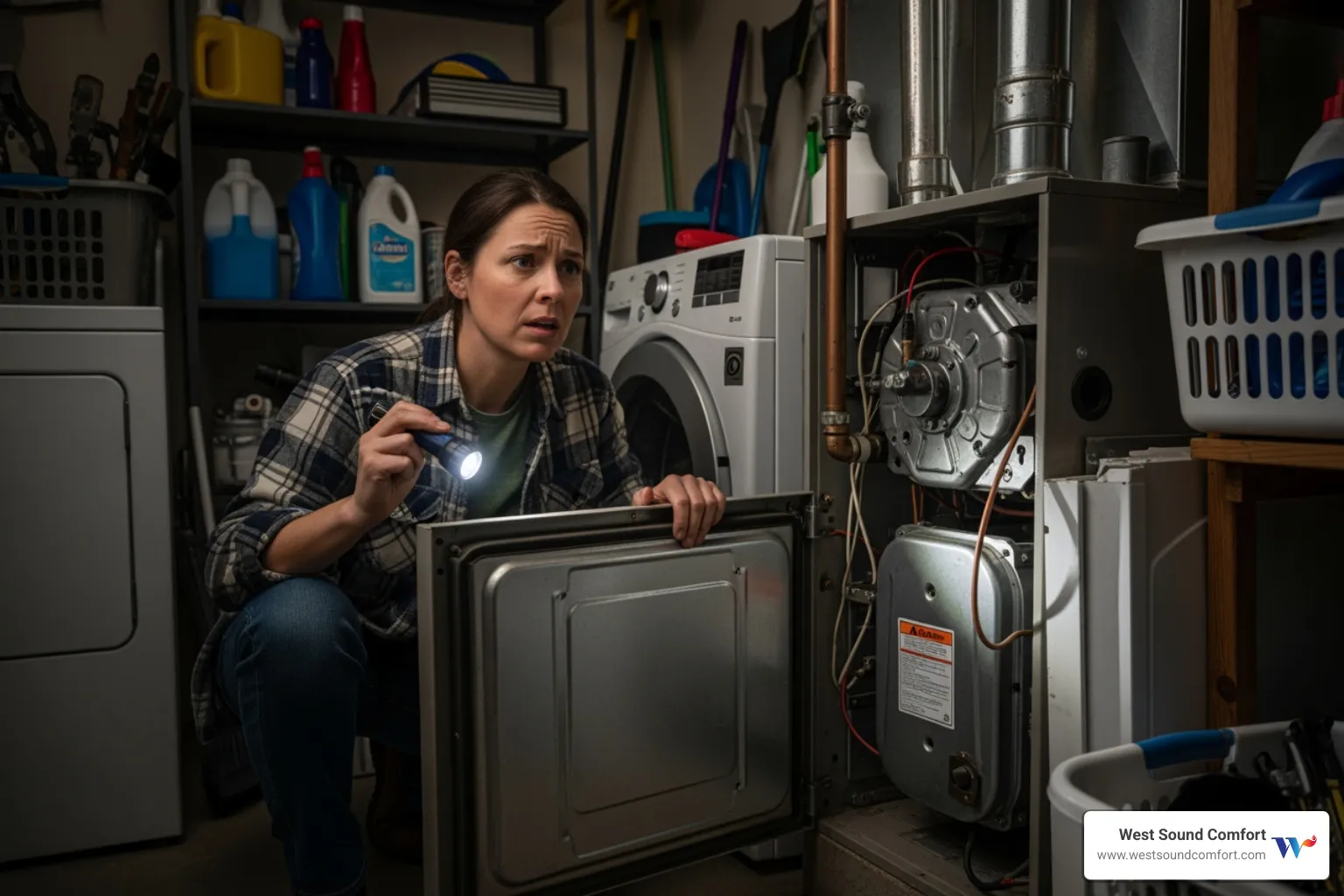 Infographic showing 5 key signs you need emergency furnace repair: no heat production despite thermostat settings, loud banging or booming noises from the unit, strange smells like burning rubber or gas odor, carbon monoxide detector alarm sounding, and furnace constantly short-cycling on and off - "I need emergency furnace repair in Bremerton, WA. Which companies are available right now?"