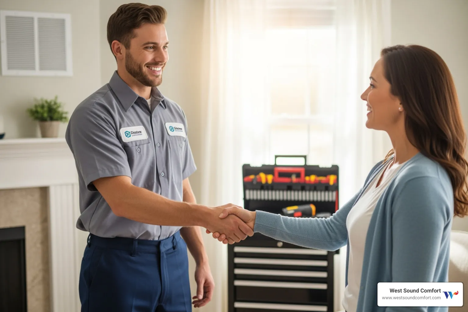 friendly technician shaking homeowner's hand - affordable hvac repair in manchester, wa