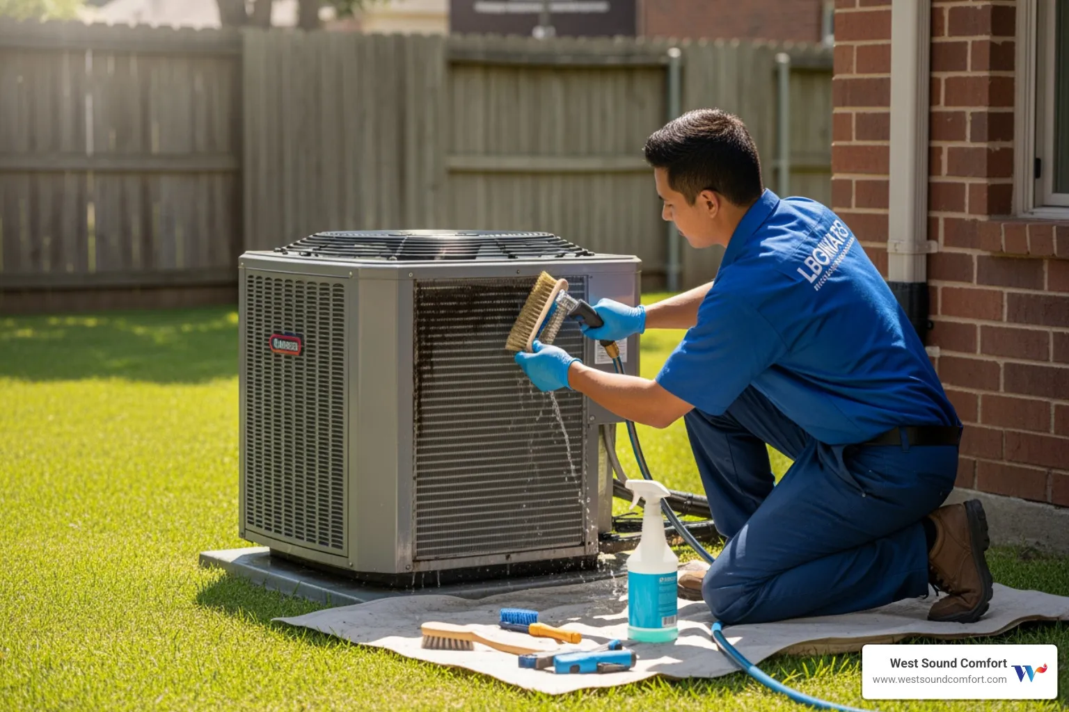 technician cleaning outdoor AC unit - affordable hvac repair in manchester, wa