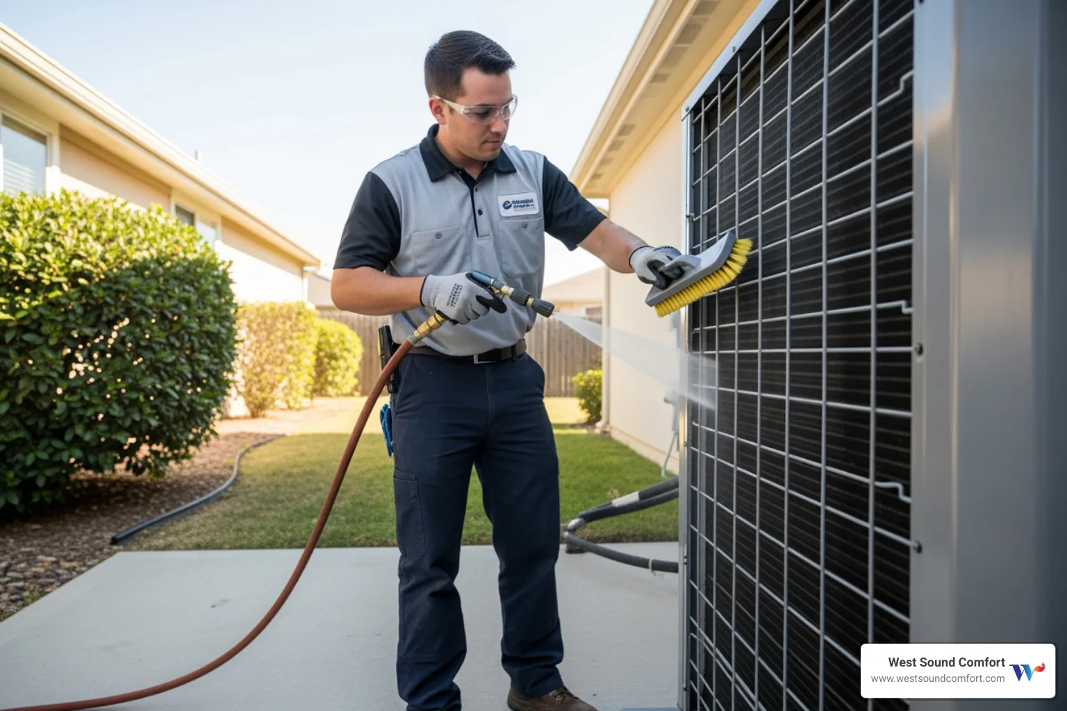 HVAC technician cleaning an outdoor condenser unit - hvac maintenance in brownsville, wa