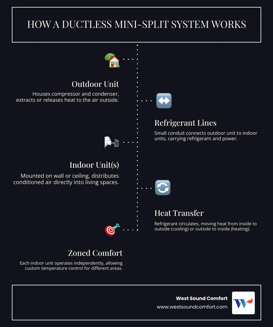 infographic showing ductless mini split system components outdoor compressor indoor air handler and connecting conduit with refrigerant lines - ductless mini-split company near me in allyn, wa infographic infographic-line-5-steps-dark