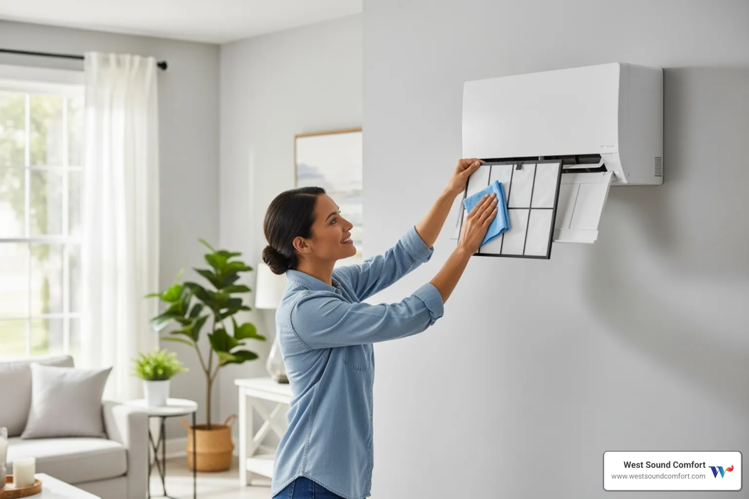 homeowner easily cleaning a mini-split filter - ductless mini-split company near me in allyn, wa