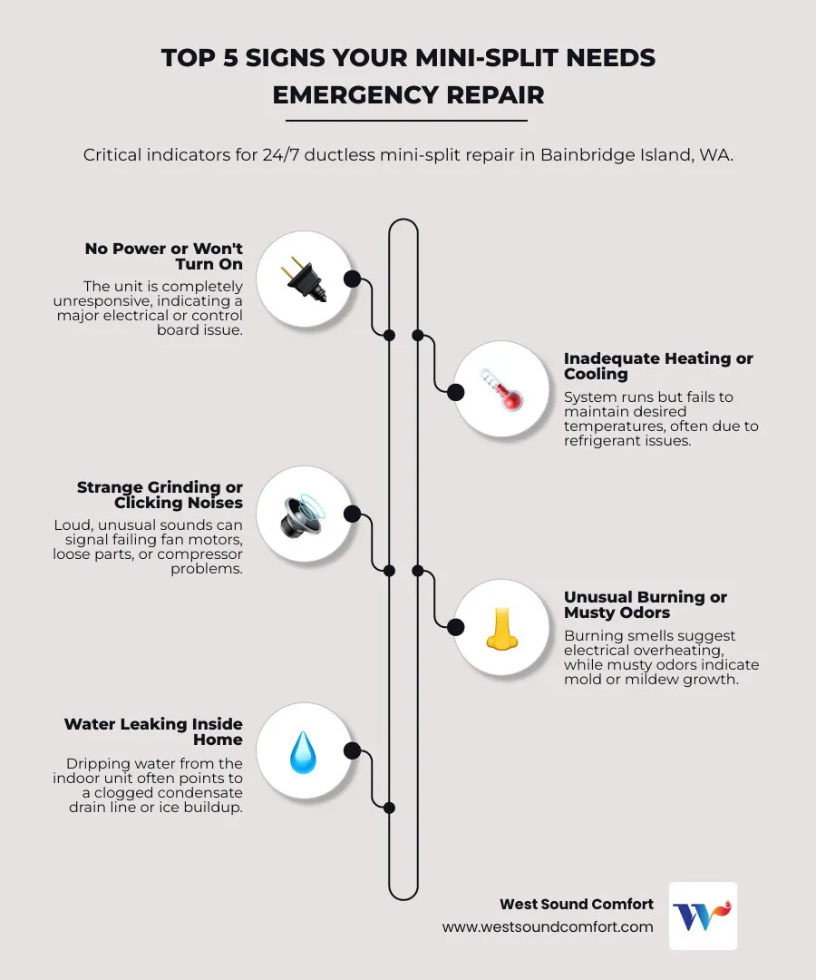 Infographic showing the top 5 signs a mini-split needs emergency repair: no power or won't turn on, inadequate heating or cooling output, strange grinding or clicking noises, unusual burning or musty odors, and water leaking inside the home - 24/7 ductless mini-split repair in bainbridge island, wa infographic infographic-line-5-steps-elegant_beige