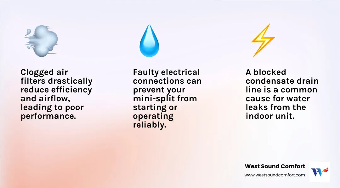 infographic showing ductless mini-split components including indoor unit with air filter and fan, outdoor compressor unit, refrigerant lines, condensate drain, and common failure points like clogged filters, refrigerant leaks, and electrical connections - ductless mini-split broken in bremerton, wa infographic 3_facts_emoji_light-gradient