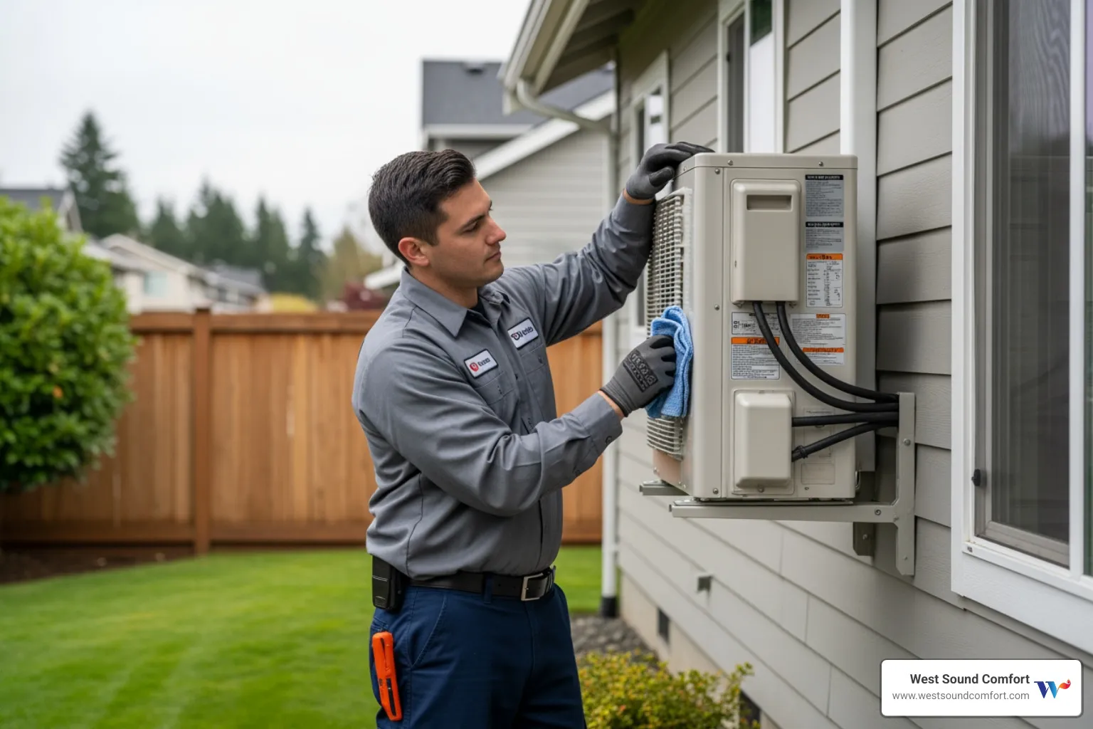 HVAC technician performing maintenance on outdoor ductless unit - ductless mini-split broken in bremerton, wa