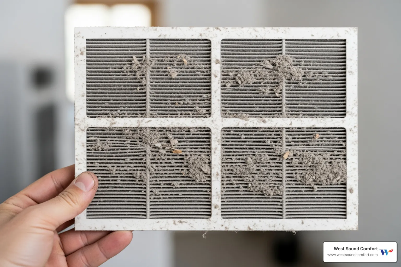 dirty clogged mini-split air filter being held up for inspection - ductless mini-split broken in bremerton, wa