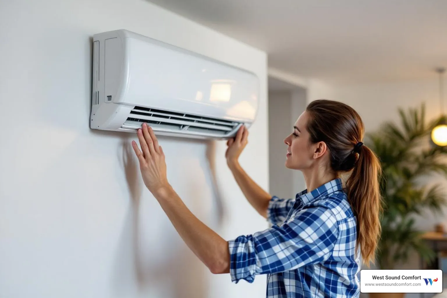 homeowner cleaning filter of indoor mini-split unit - 24 hour ductless mini-split service in kingston, wa