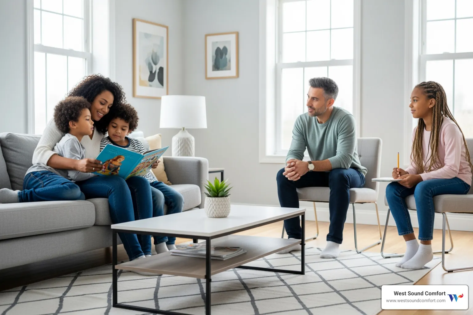 family enjoying living room - best ductless mini-split company in burley, wa
