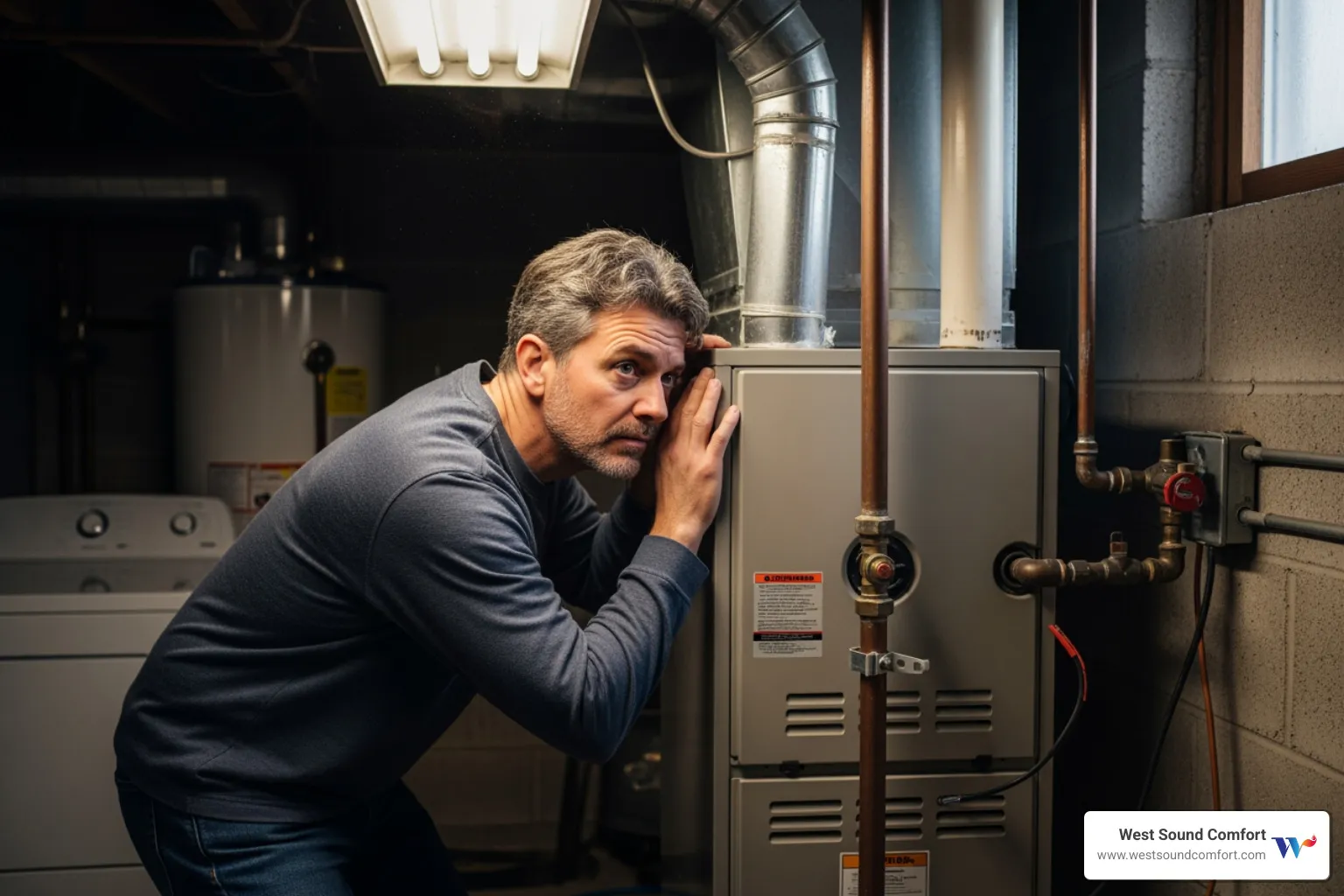 A homeowner looking concerned at their furnace, noticing unusual sounds - certified furnace technician in port townsend, wa