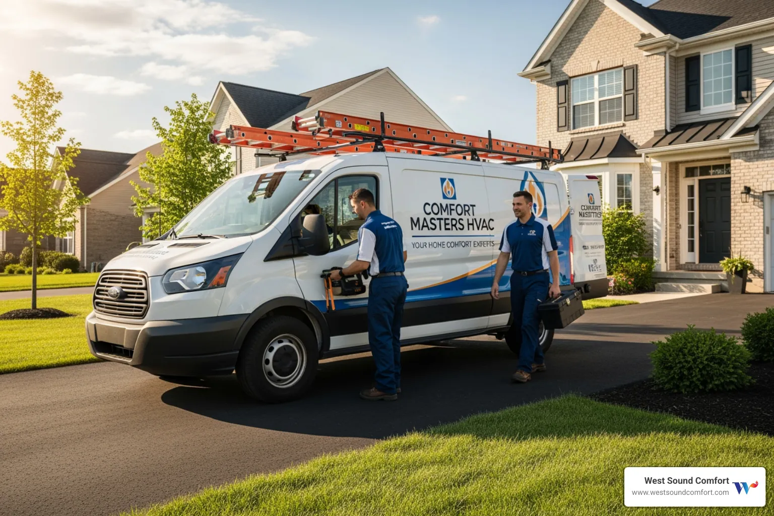 A friendly certified technician's van with professional branding parked outside a home - certified furnace technician in port townsend, wa