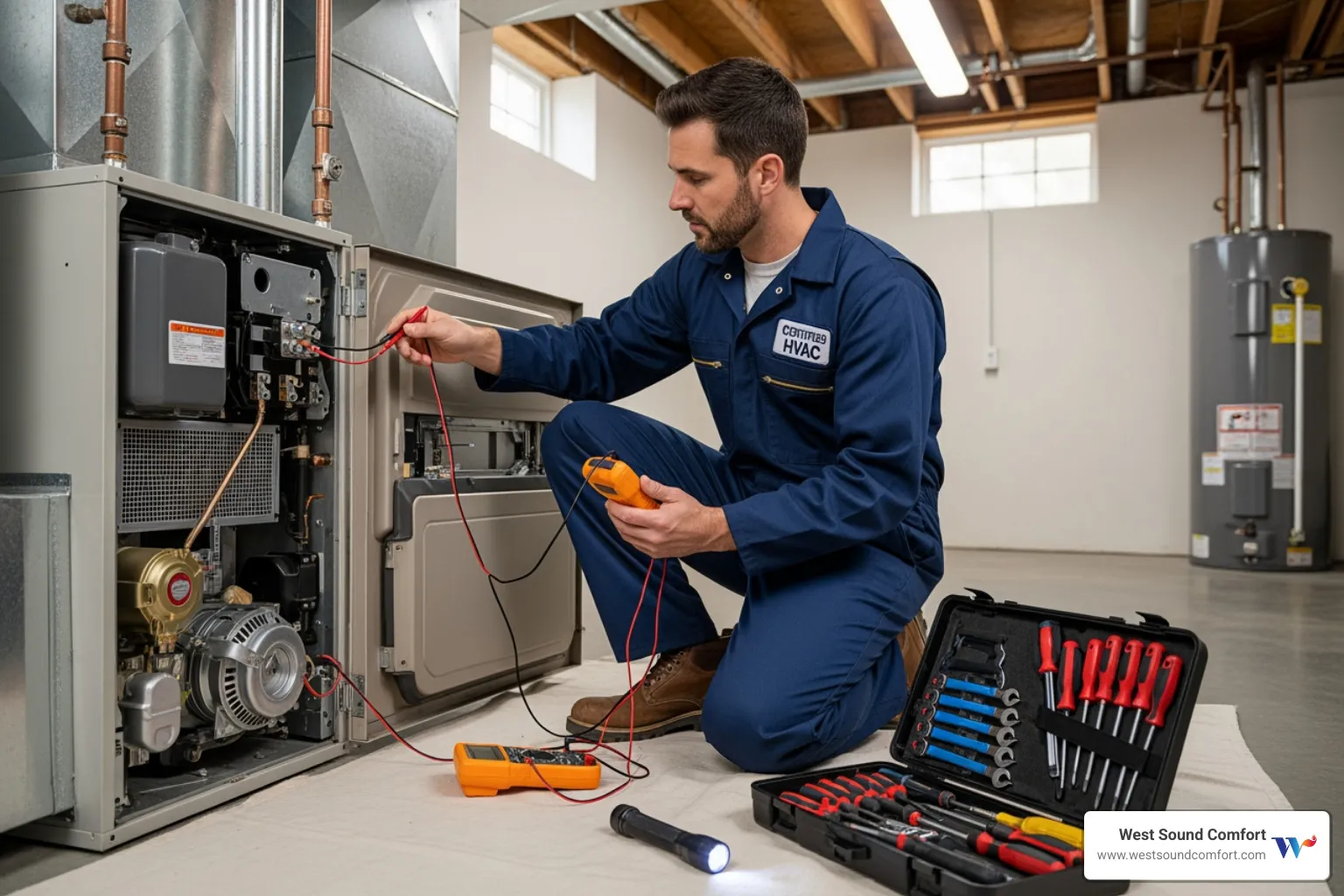 A certified technician performing a furnace tune-up, inspecting internal components - certified furnace technician in port townsend, wa
