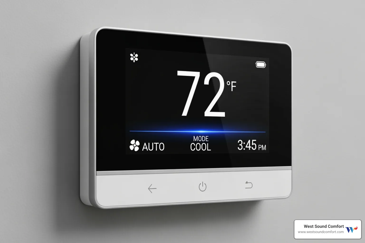 A digital thermostat display showing the fan set to 'AUTO' mode - furnace blowing cold air in sequim, wa