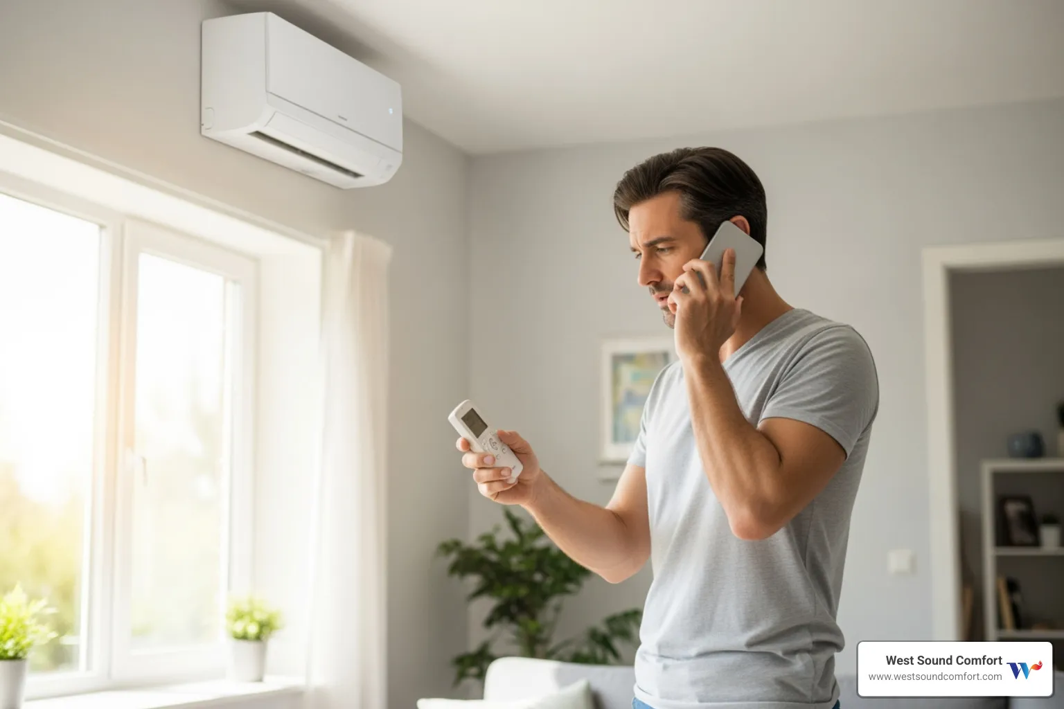 homeowner on the phone looking at mini-split remote control - 24/7 ductless mini-split repair in port ludlow, wa