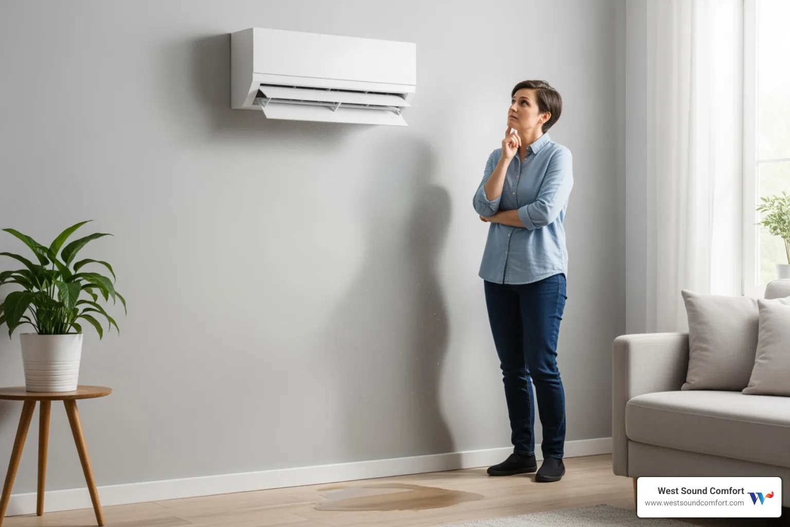 person looking concerned at a mini-split unit - 24/7 ductless mini-split repair in port ludlow, wa