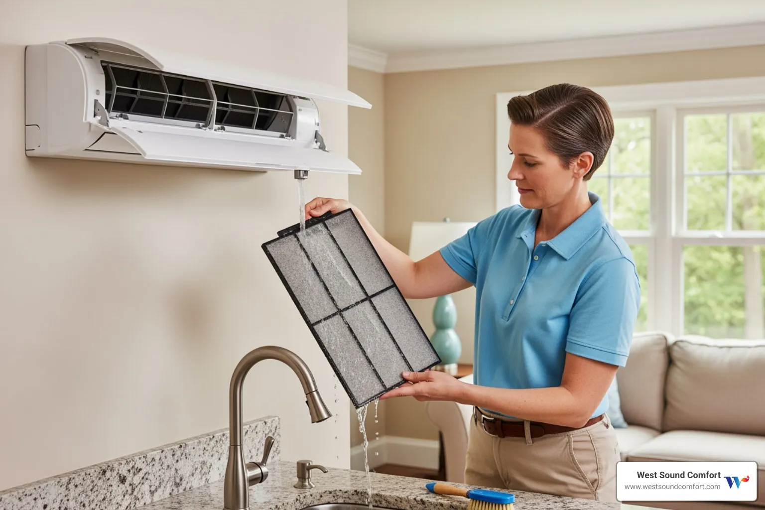 homeowner cleaning a mini-split filter - 24/7 ductless mini-split repair in port ludlow, wa