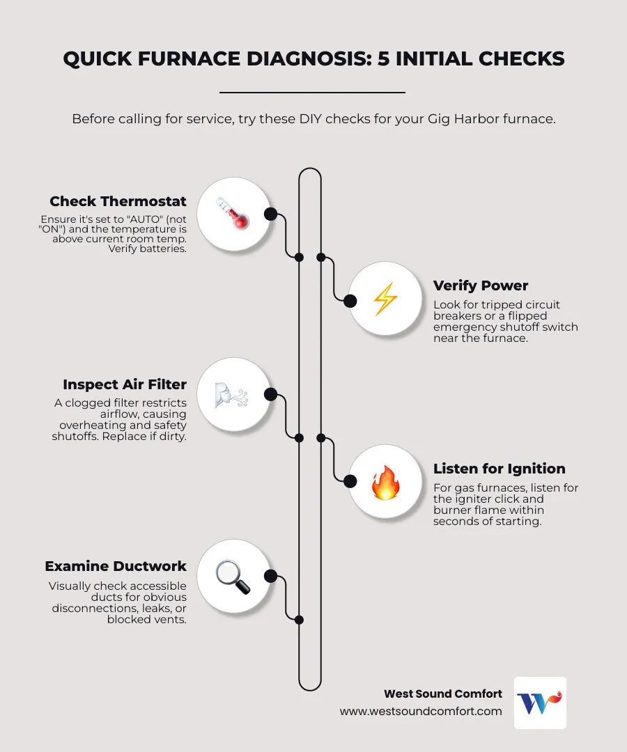 Infographic showing three essential furnace checks: 1) Thermostat display showing AUTO mode and temperature set 5 degrees above room temp, 2) Circuit breaker panel with furnace breaker highlighted and emergency shutoff switch location, 3) Furnace filter slot with arrows indicating monthly inspection schedule - furnace blowing cold air in gig harbor, wa infographic infographic-line-5-steps-elegant_beige