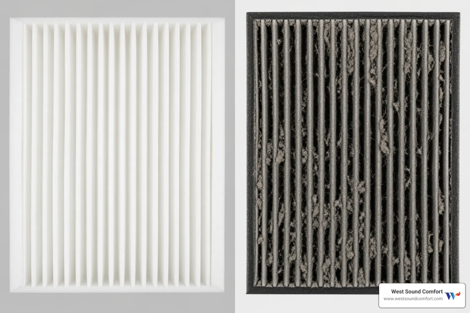 A side-by-side comparison of a clean, white furnace filter and a heavily soiled, dark gray furnace filter. - furnace blowing cold air in gig harbor, wa