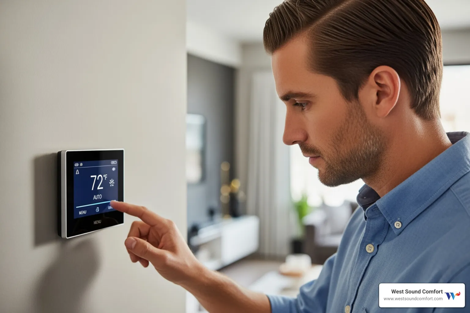 A person checking a digital thermostat, making sure the settings are correct. - furnace blowing cold air in gig harbor, wa