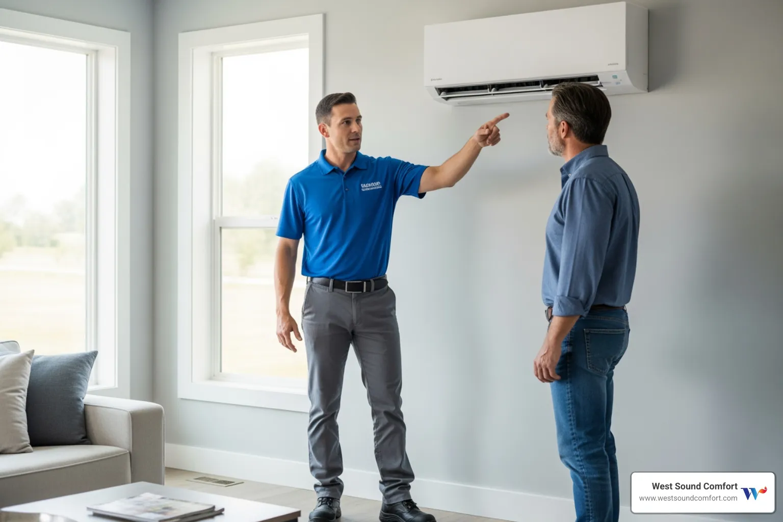 HVAC technician explaining ductless system to homeowner - new ductless mini-split installation in sequim, wa
