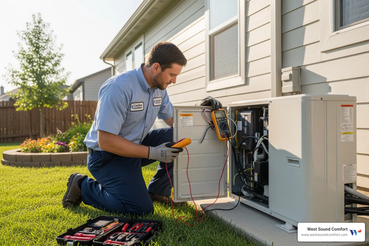 technician servicing outdoor ductless mini-split unit - new ductless mini-split installation in sequim, wa