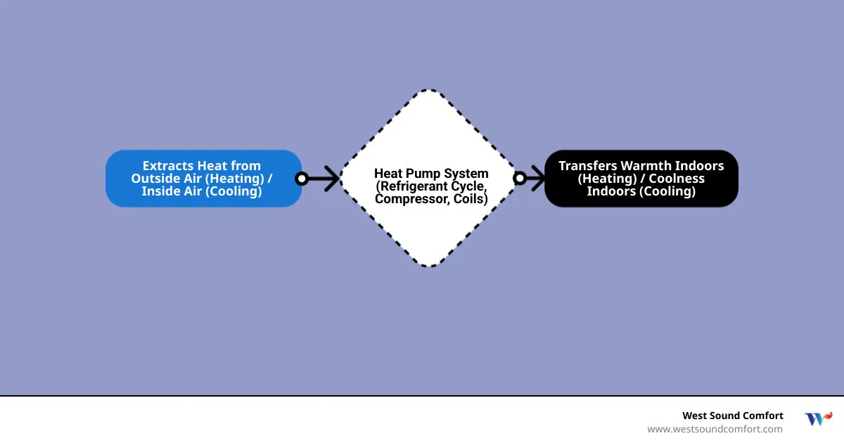 Infographic showing heat pump operation in heating mode with arrows indicating heat transfer from outdoor air to indoor spaces, and cooling mode with arrows reversed, plus key inspection points like electrical connections, refrigerant levels, coils, and thermostat - heat pump inspection in bremerton, wa infographic flowmap_simple