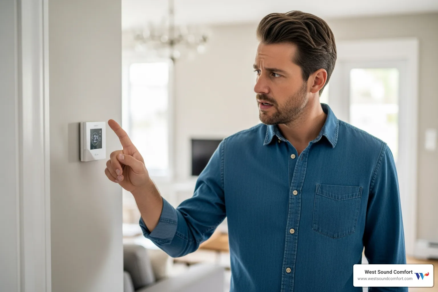 homeowner looking at their thermostat with a concerned expression - heat pump inspection in bremerton, wa