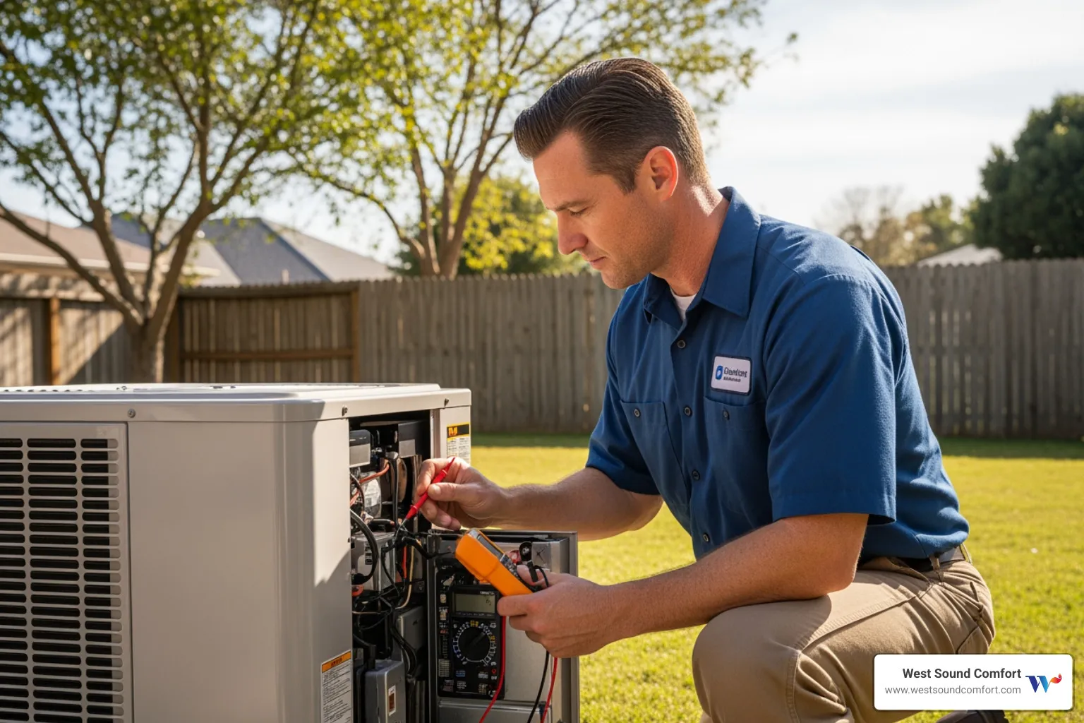 technician inspecting the outdoor unit of a heat pump - heat pump inspection in bremerton, wa