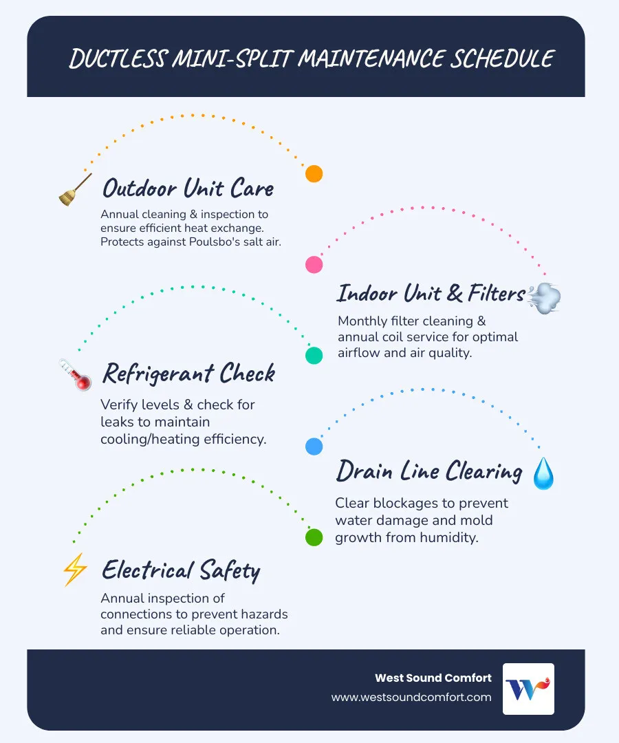 Infographic showing the key components of a ductless mini-split system maintenance schedule: outdoor condenser unit requiring annual cleaning and inspection, indoor air handler needing monthly filter cleaning and annual coil service, refrigerant lines requiring leak checks and level verification, condensate drain line needing clearing to prevent water damage, and electrical connections requiring annual safety inspection - ductless mini-split maintenance service in poulsbo, wa infographic infographic-line-5-steps-blues-accent_colors