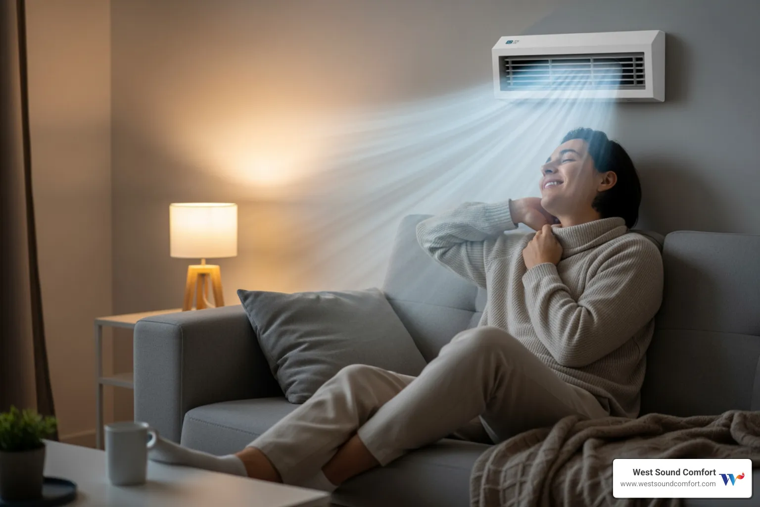 A homeowner looking relaxed in a comfortable, temperature-controlled room - ductless mini-split maintenance service in poulsbo, wa