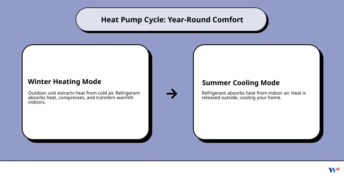 Infographic showing the heat pump cycle: outdoor unit extracts heat from outside air, refrigerant carries heat energy through copper lines, indoor unit distributes warm air through home in winter; process reverses in summer to provide cooling; arrows indicate refrigerant flow and heat transfer direction - certified heat pump technician in allyn, wa infographic cause_effect_text
