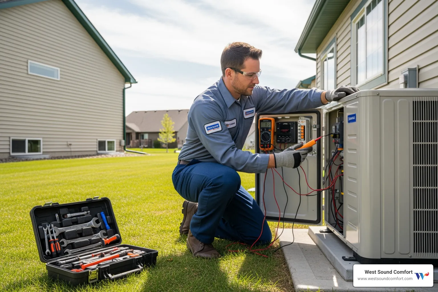 technician performing a maintenance check-up on a heat pump - same day heat pump repair in bainbridge island, wa