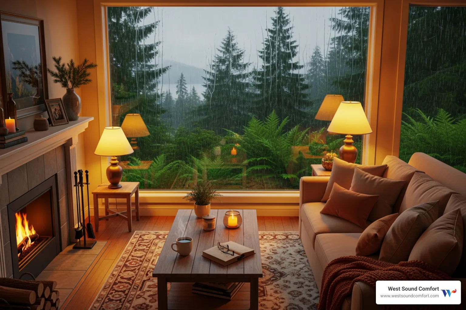cozy, warm living room with a window showing a rainy, green Bainbridge Island background - same day heat pump repair in bainbridge island, wa