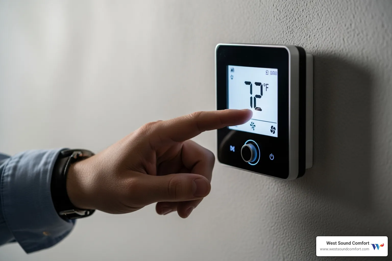 person checking digital thermostat - furnace blowing cold air in bainbridge island, wa