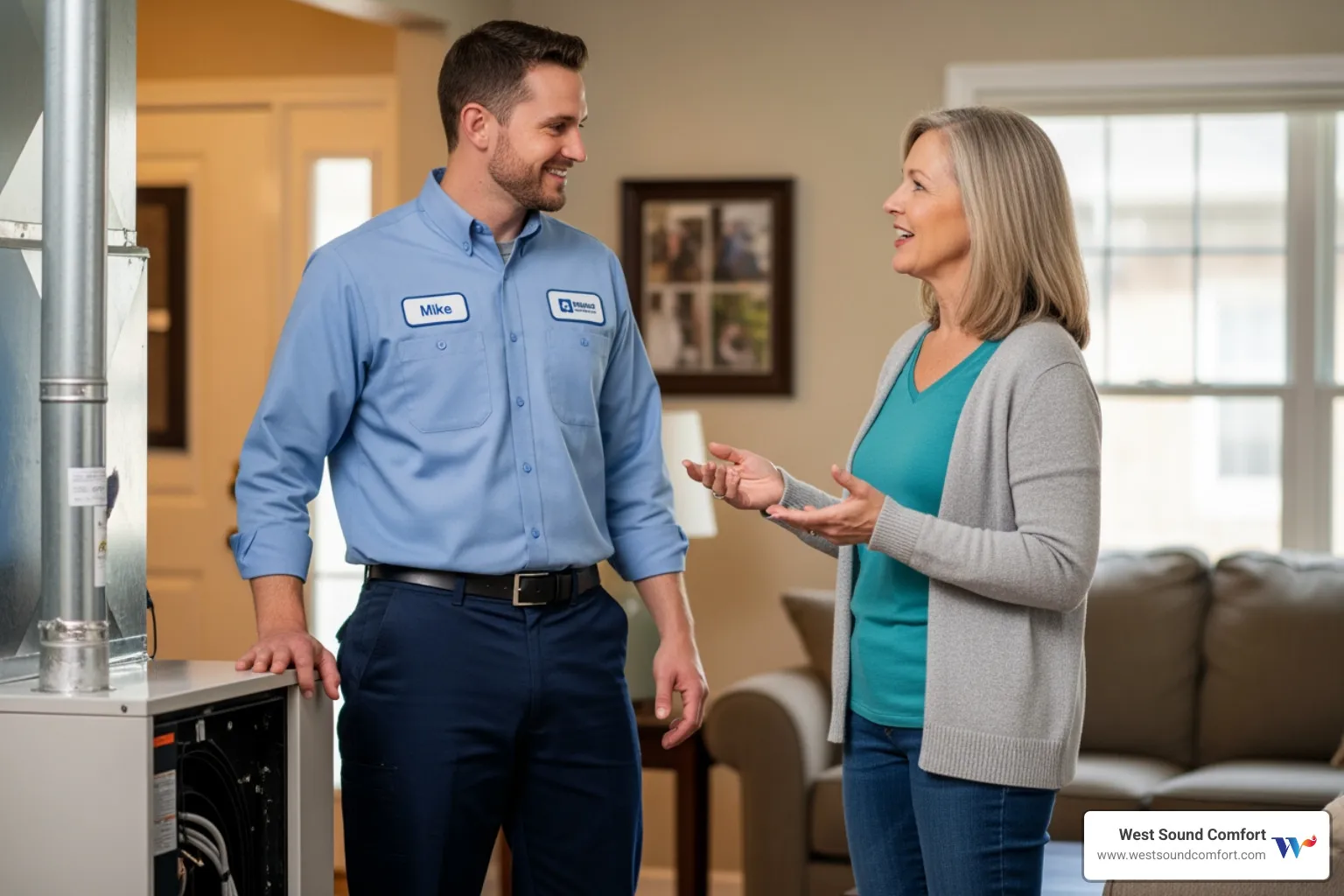 friendly technician talking with homeowner - certified heat pump technician in artondale, wa