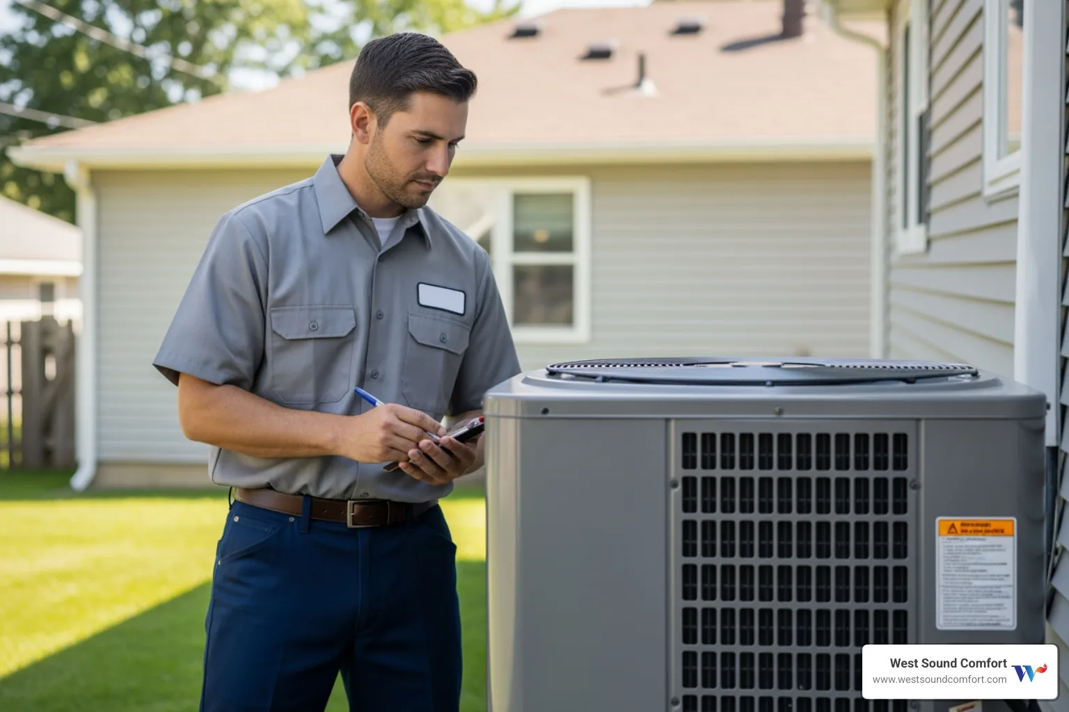 technician inspecting outdoor heat pump unit - certified heat pump technician in artondale, wa