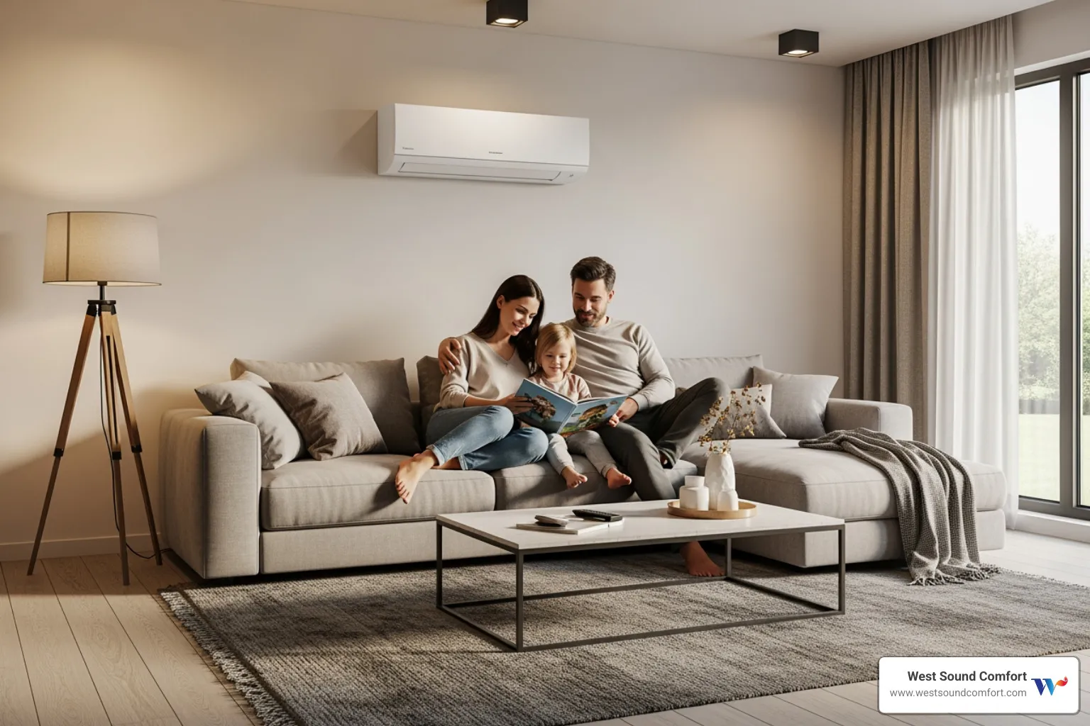 comfortable family in living room with heat pump - certified heat pump technician in artondale, wa