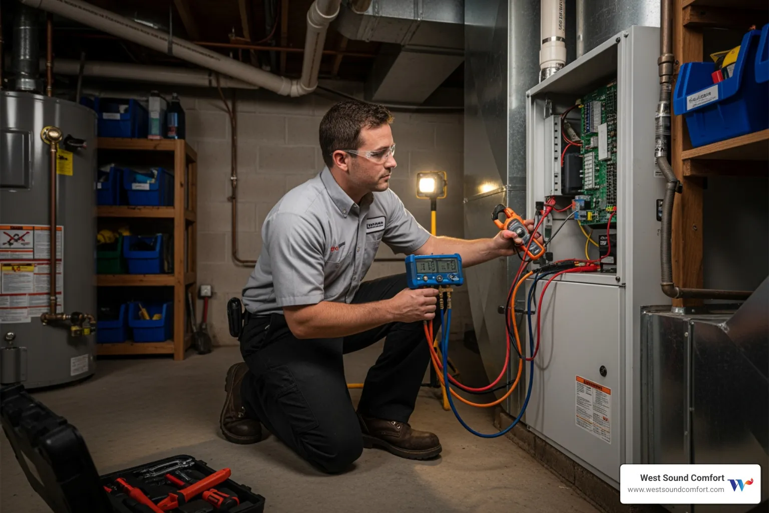 technician inspecting an indoor air handler unit - certified heat pump technician in chimacum, wa